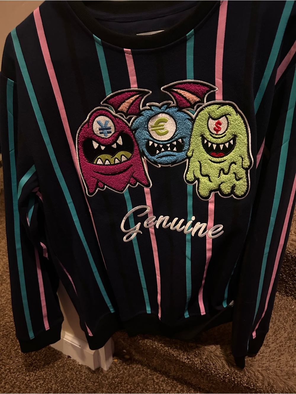 Genuine Men’s Striped Crewneck Sweater with Cartoon Patch
